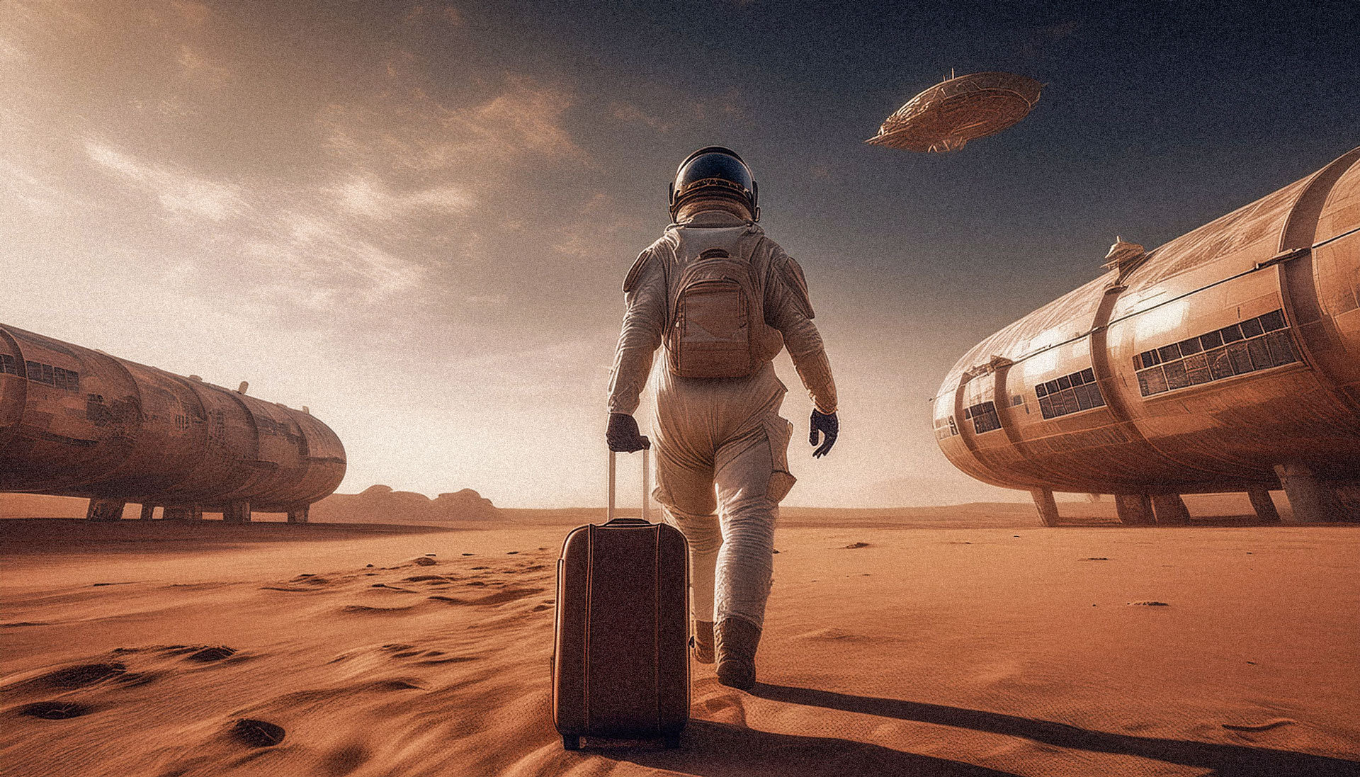 Astronaute, dos dos, tire sa valise vers l'aéroport situé dans le désert by Stephane Huve